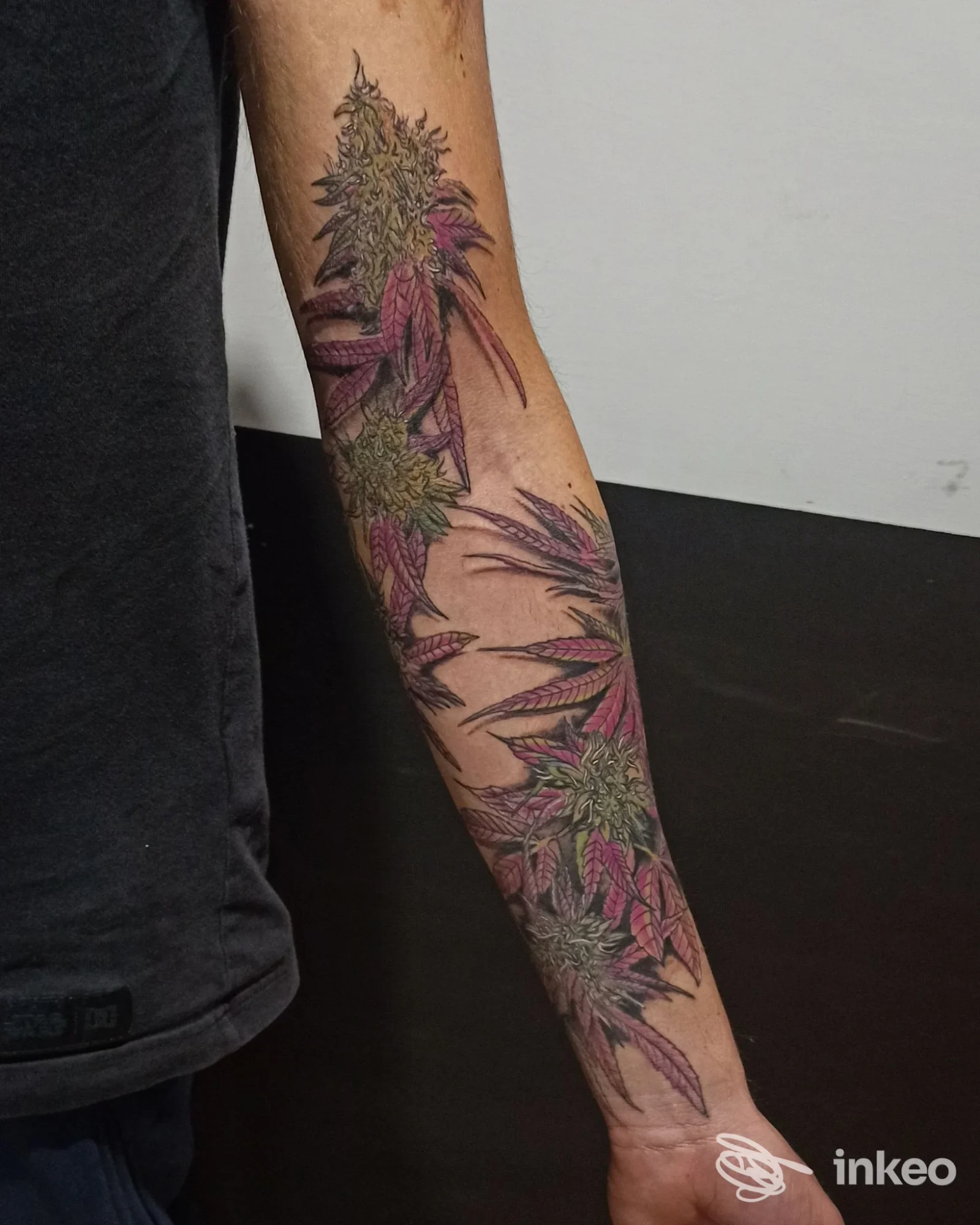 Avambraccio tatuato con motivo botanico di piante e infiorescenze colorate, foto per Sinkronia studio tattoo a Vietri di Potenza.