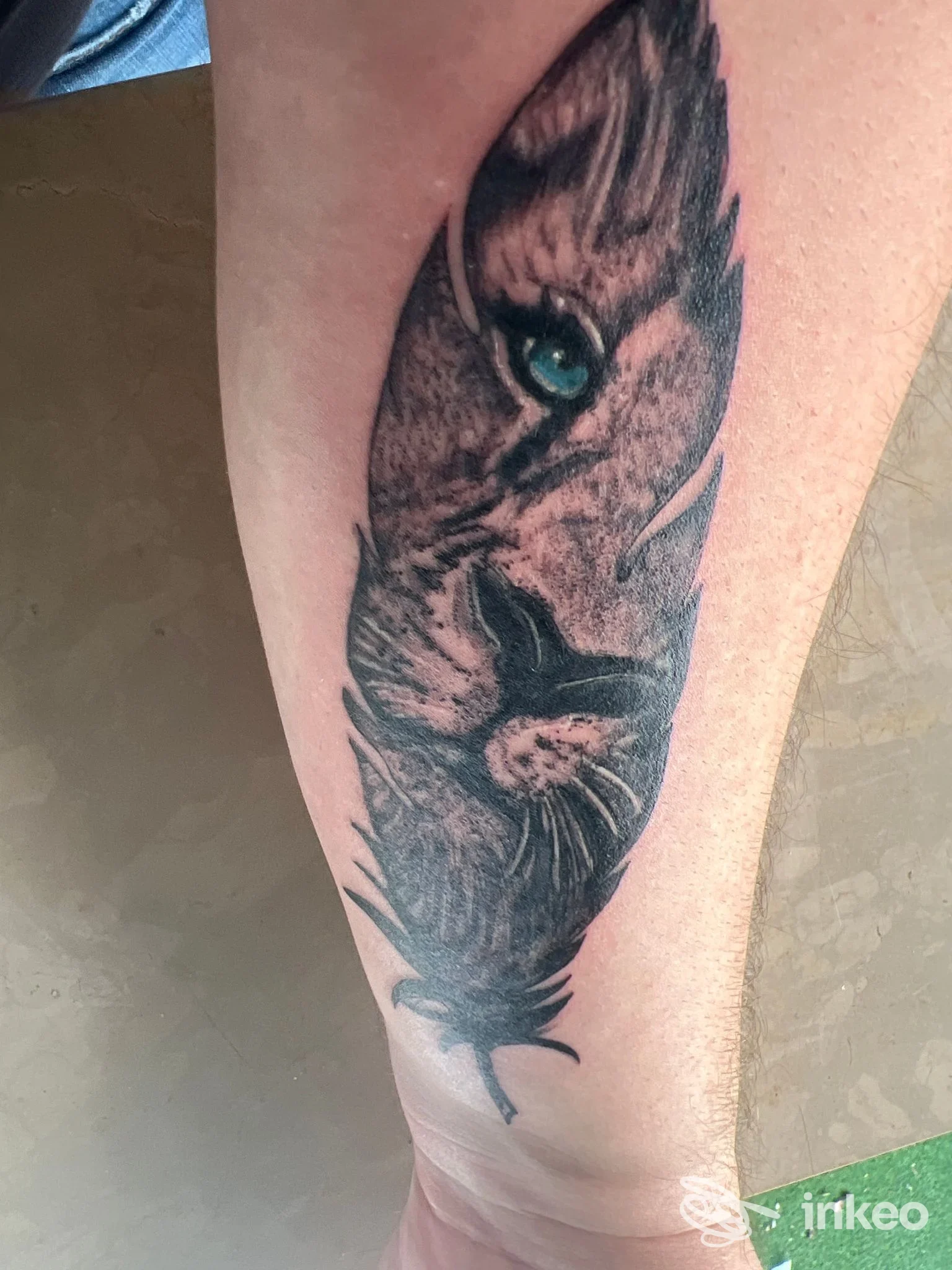 Primo piano di un tatuaggio sull'avambraccio che raffigura una testa di felino stilizzata a forma di piuma, SKULLINK STUDIO TATTOO, Potenza.