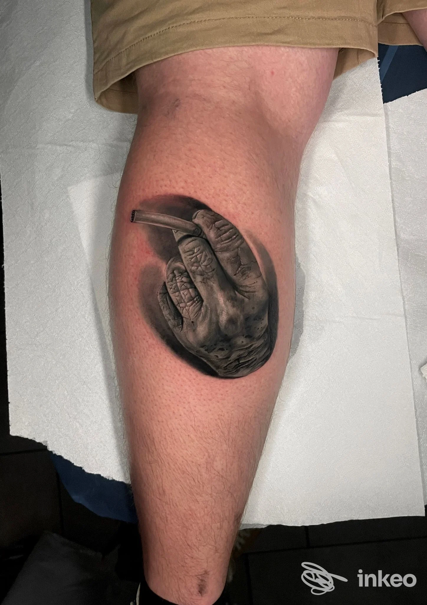 Tatuaggio realistico in bianco e nero di una mano con sigaretta sul polpaccio, Chimp Ink Art & Tattoo Studio, Bolzano.