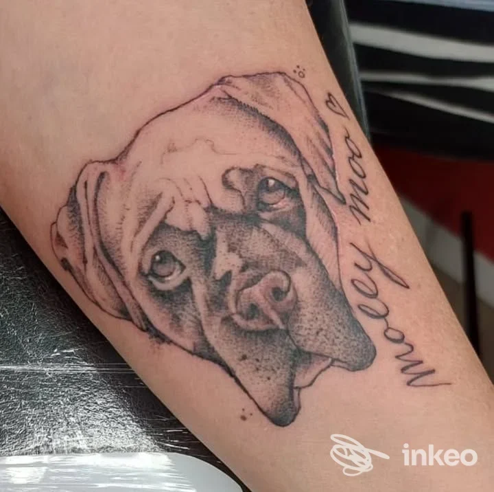 Tatuaggio in bianco e nero della testa di un cane sull'avambraccio, foto condivisa da Antelia Tattoo a Piombino.