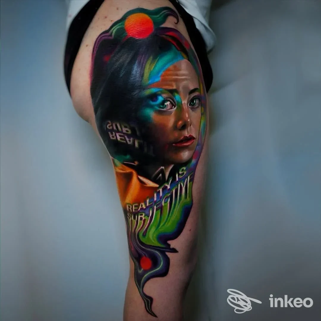 Tattoo colorato su gamba umana raffigurante una donna con elementi astratti, realizzato in stile vivid color su pelle.