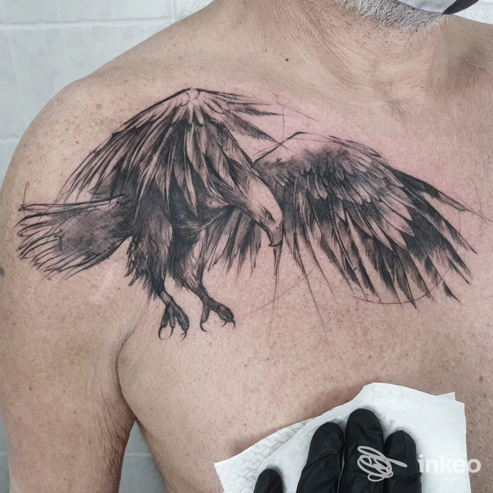Tatuaggio realistico di un'aquila sul pettorale, foto inviata da Lady Purple Tattooer a Ravenna.