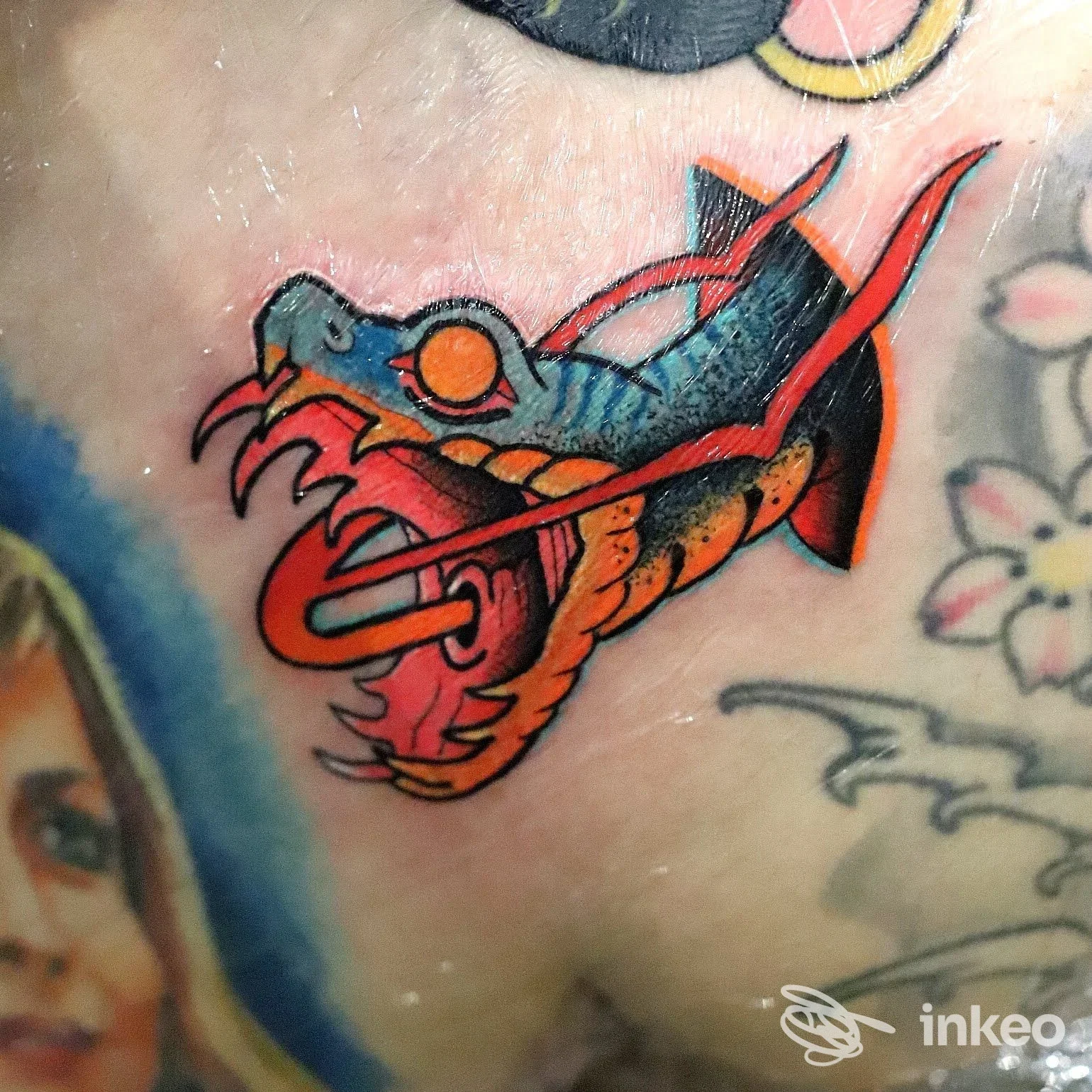 Tatuaggio a colori di una testa di serpente sul petto, opera condivisa dallo studio Midori Ink a Scandicci.