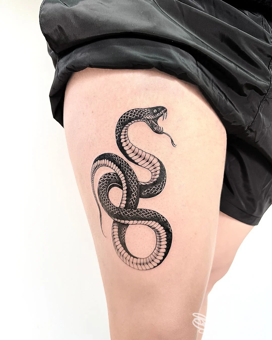 Tatuaggio serpente nero su coscia realizzato da JEKO TATTOO SHOP Torino, foto in primo piano della pelle.