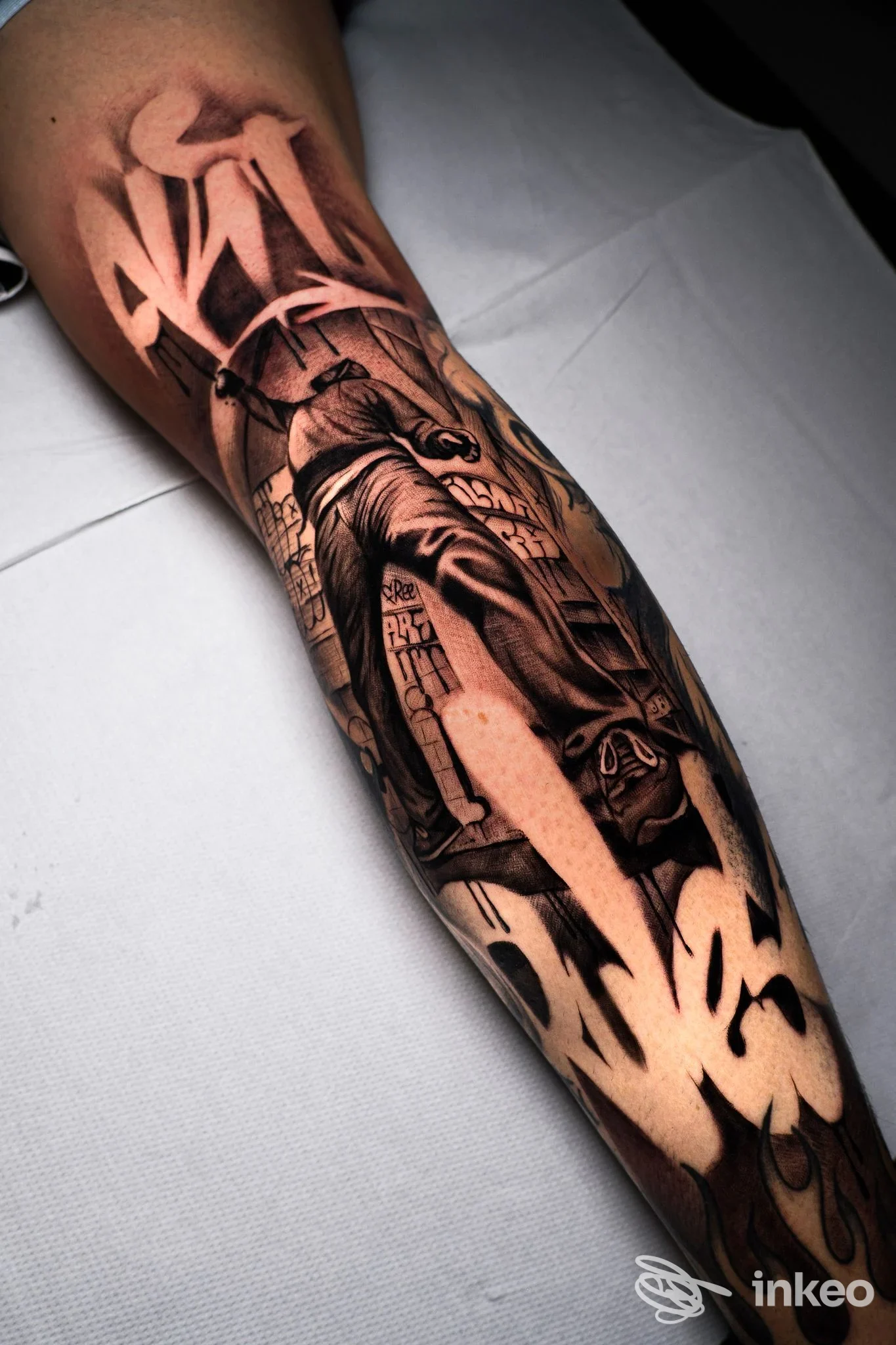 Manica tatuata in bianco e nero su avambraccio, dettaglio realistico visibile. Hustle Tattoo, Bari.