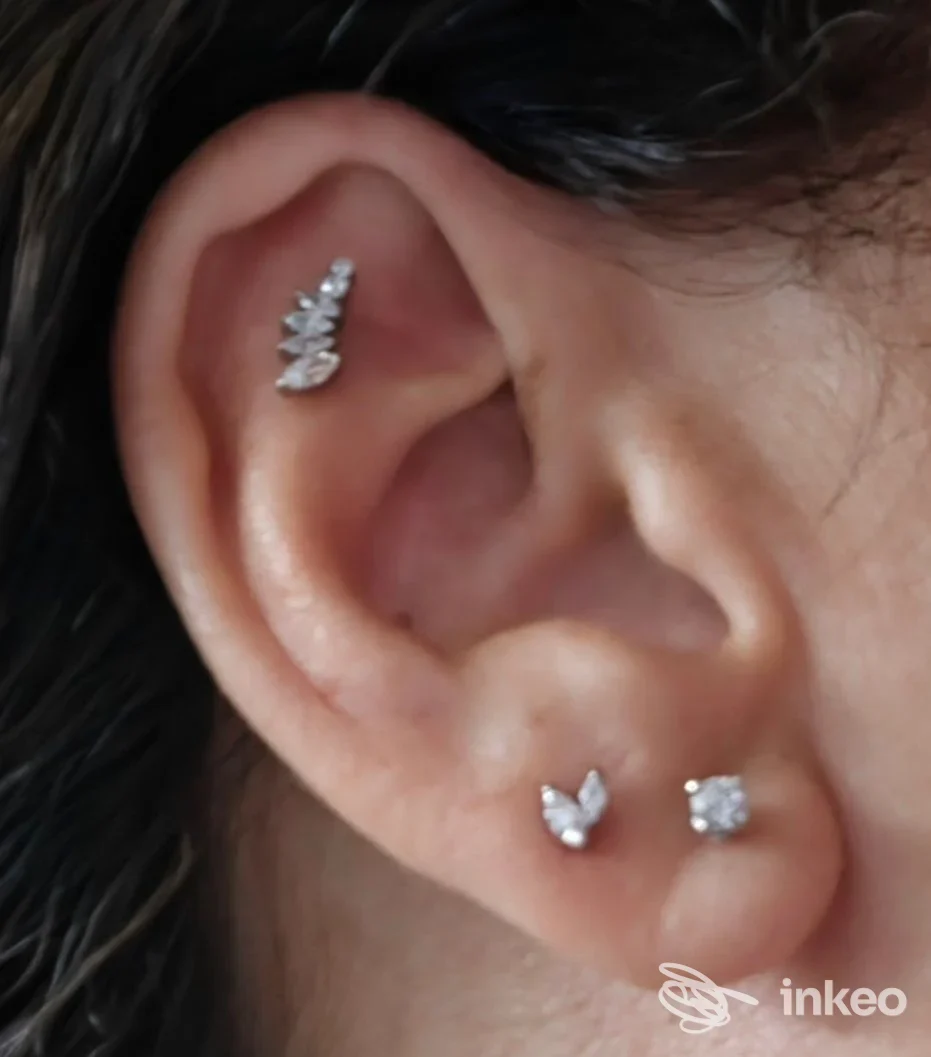 Primo piano di un orecchio con più piercing, foto fornita da Gioielli Ornella D'Ambrosio a Portici.
