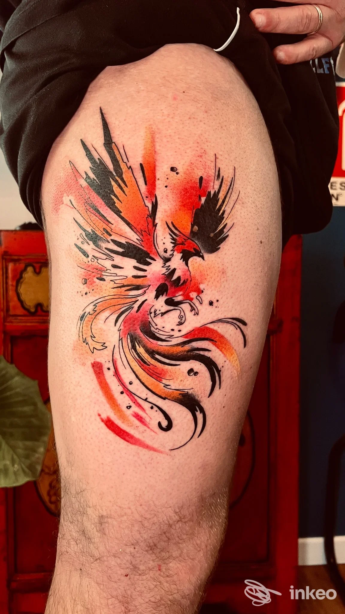 Tatuaggio stilizzato e colorato su coscia raffigurante una fenice/uccello in stile acquerello, lavoro di Blood a Blood Tattoo Club, Bologna.
