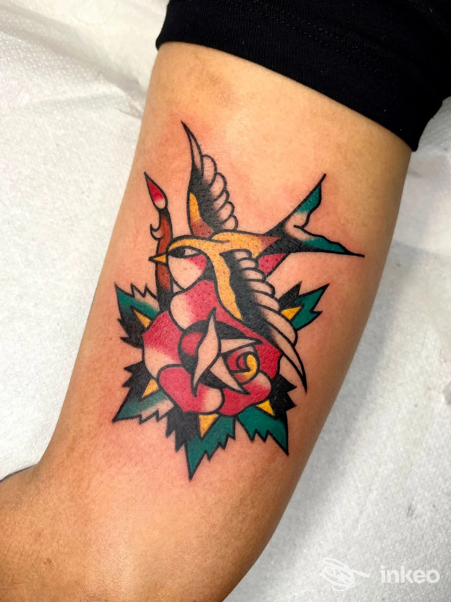 Tatuaggio tradizionale di rondine e rosa sull'avambraccio, fotografato da Apelles Tattoo 1991 a Bologna.