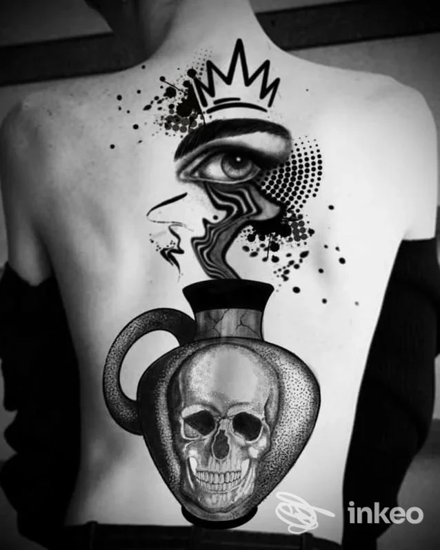 Grande tatuaggio sulla schiena con teschio in anfora e occhio stilizzato, foto per La Mostra Tattoo, Ercolano.