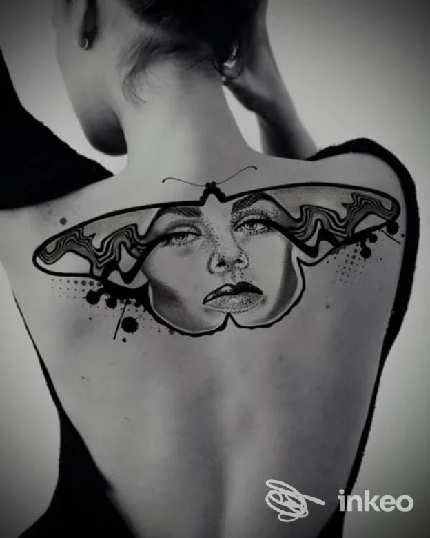 Grande tatuaggio a falena e volto stilizzato sulla parte superiore della schiena, La Mostra Tattoo, Ercolano.