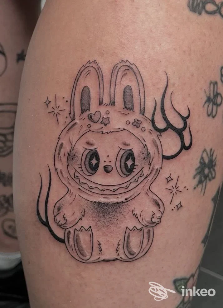 Tatuaggio in bianco e nero raffigurante un personaggio con orecchie da coniglio, foto fornita da Indelebile Tattoo Studio, Ravenna.