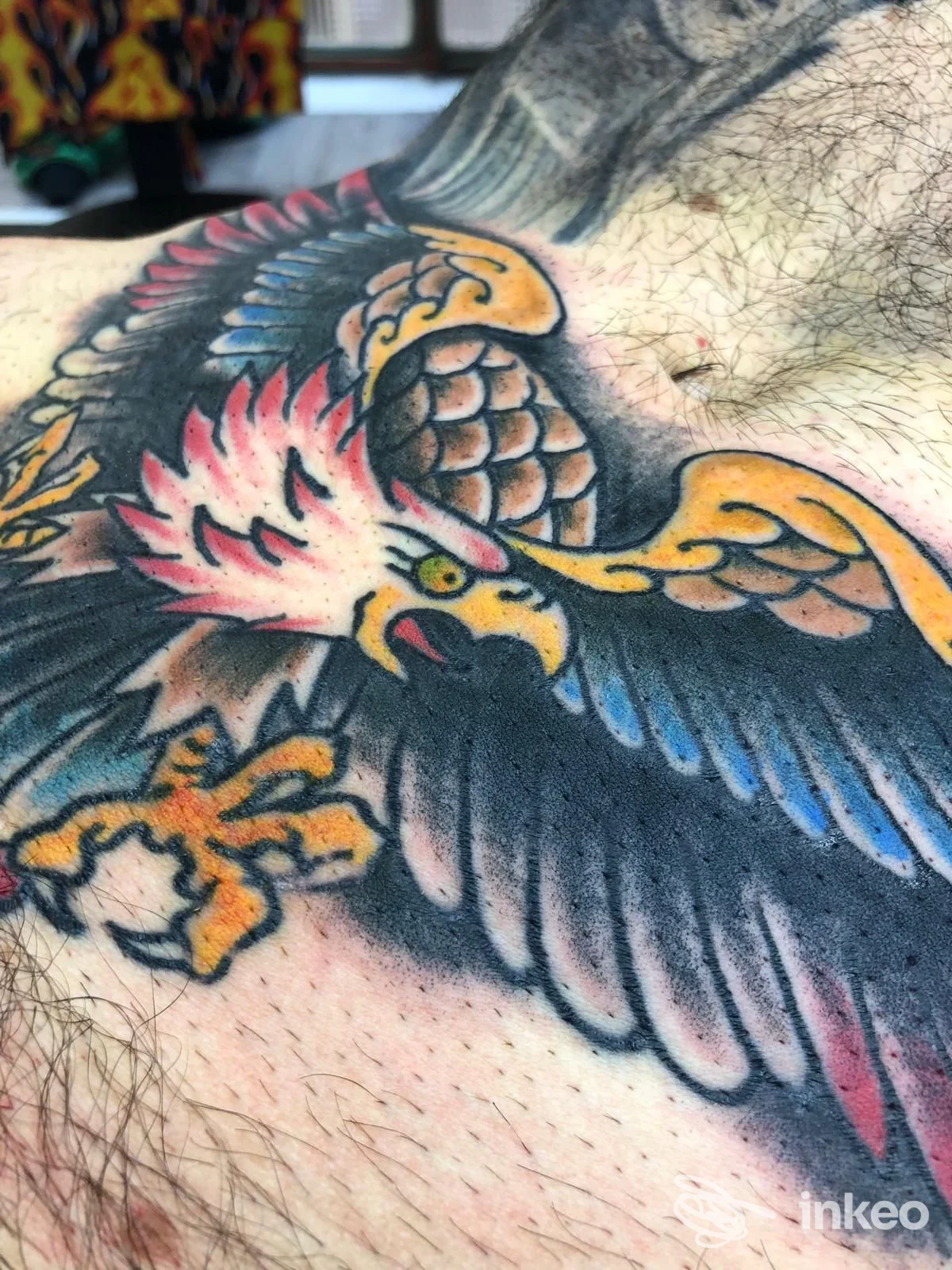 Tatuaggio a colori di un'aquila sul torace fotografato per Inkonnection Tattoo Studio, Modena.