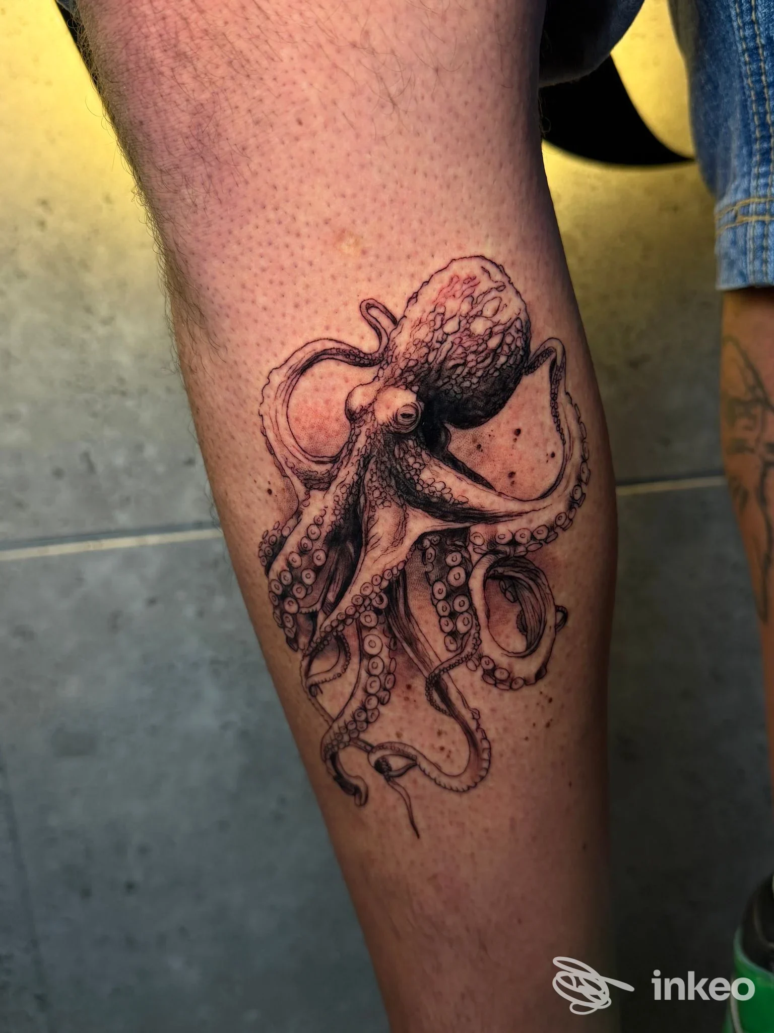 Tatuaggio di un polpo realistico in bianco e nero sul polpaccio, fotografato per Artwork Studio Tattoo & PMU, Napoli.