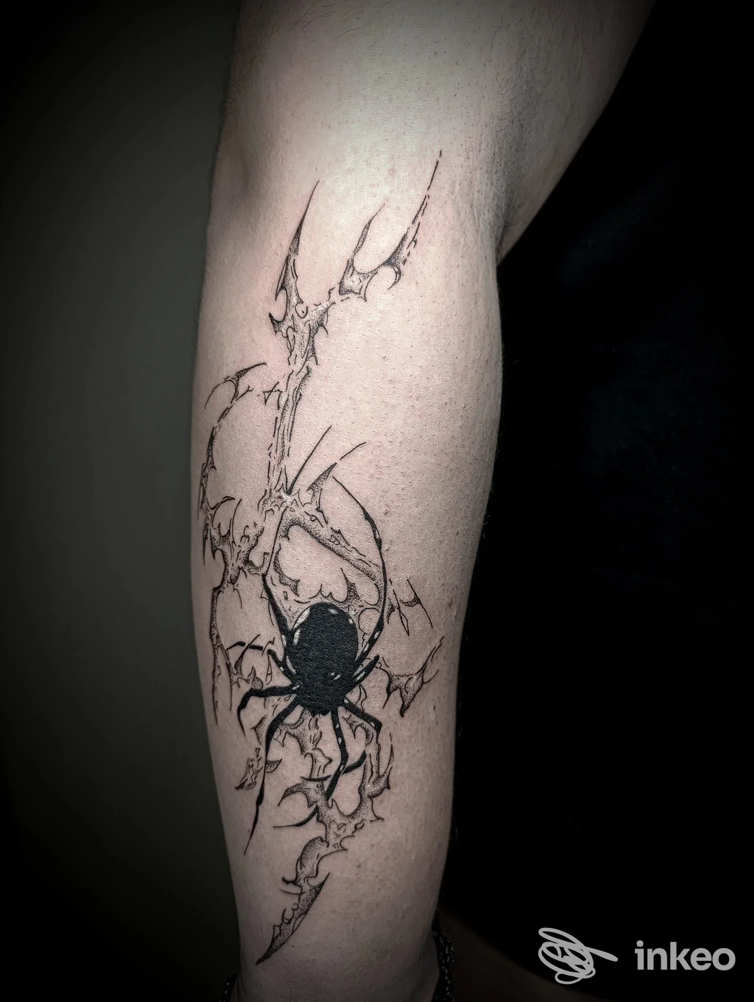 Tatuaggio su avambraccio con ragno nero e linee frastagliate, foto per Inciso Tattoo Lab, Modena.