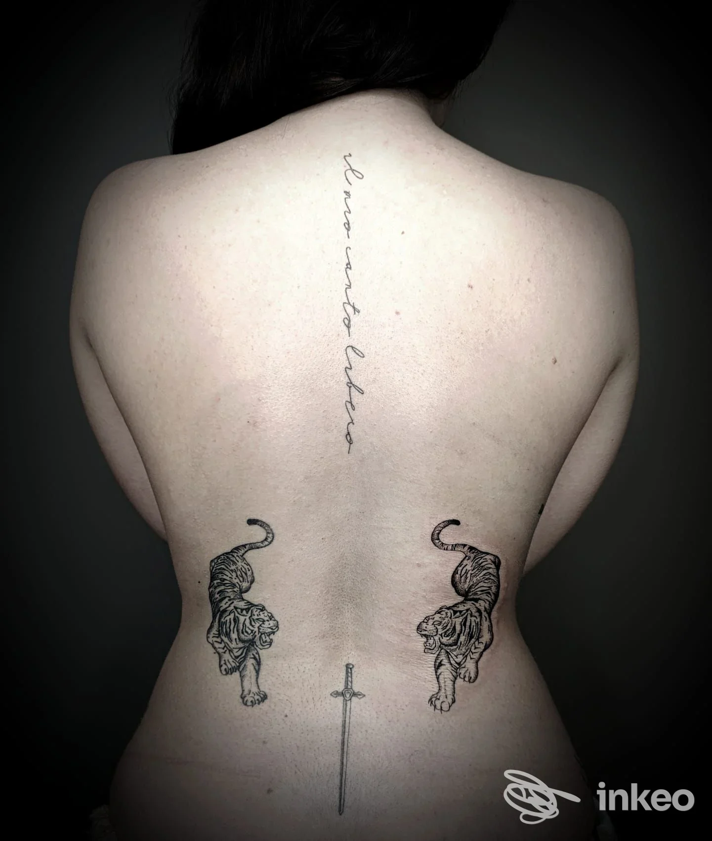 Schiena di una persona con due tigri, una spada e una scritta lungo la colonna vertebrale, foto per Inciso tattoo Lab, Modena.