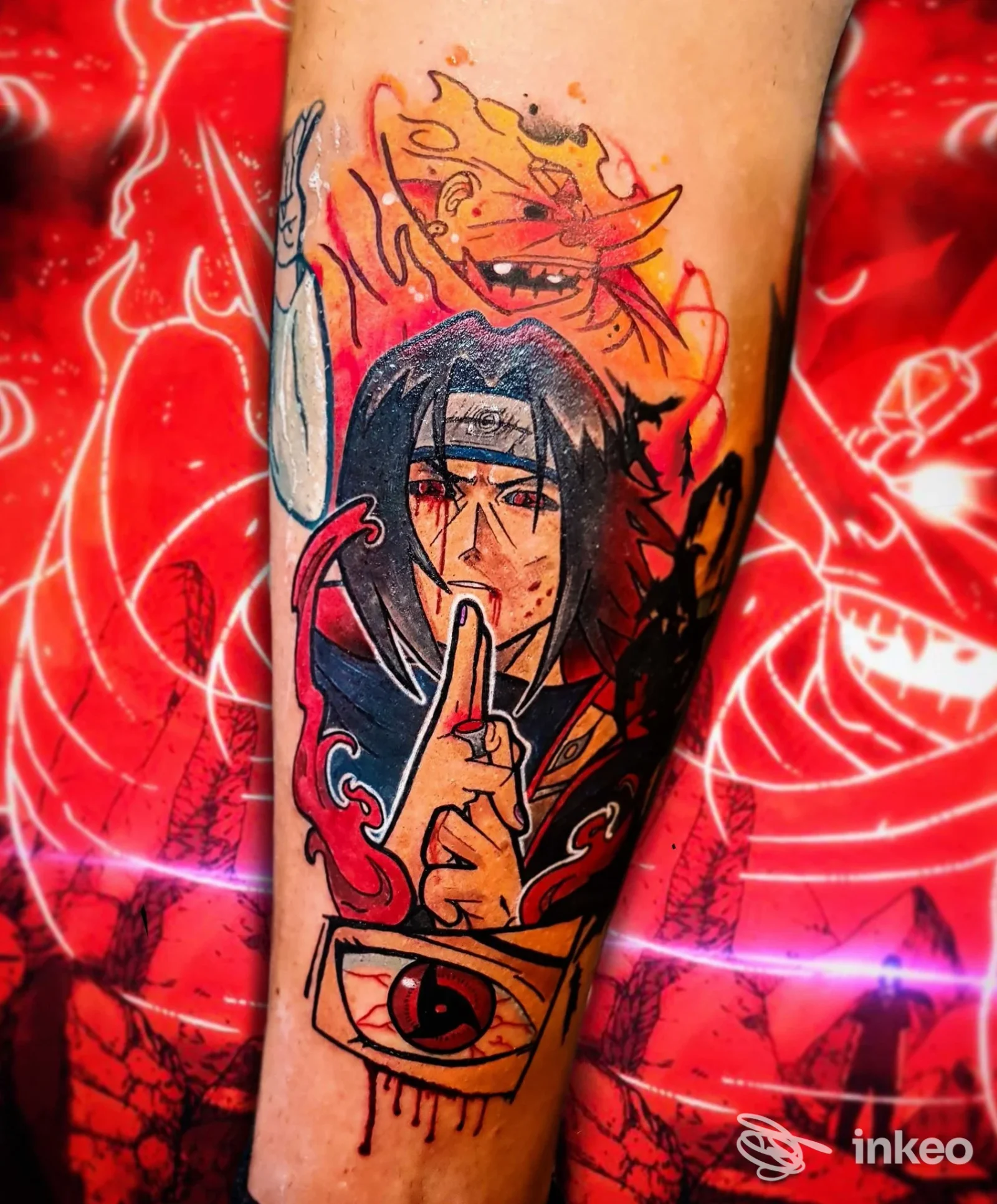 Tatuaggio a colori su avambraccio raffigurante un personaggio anime, realizzato da Ame Noire Tattoo Shop a Riccione.