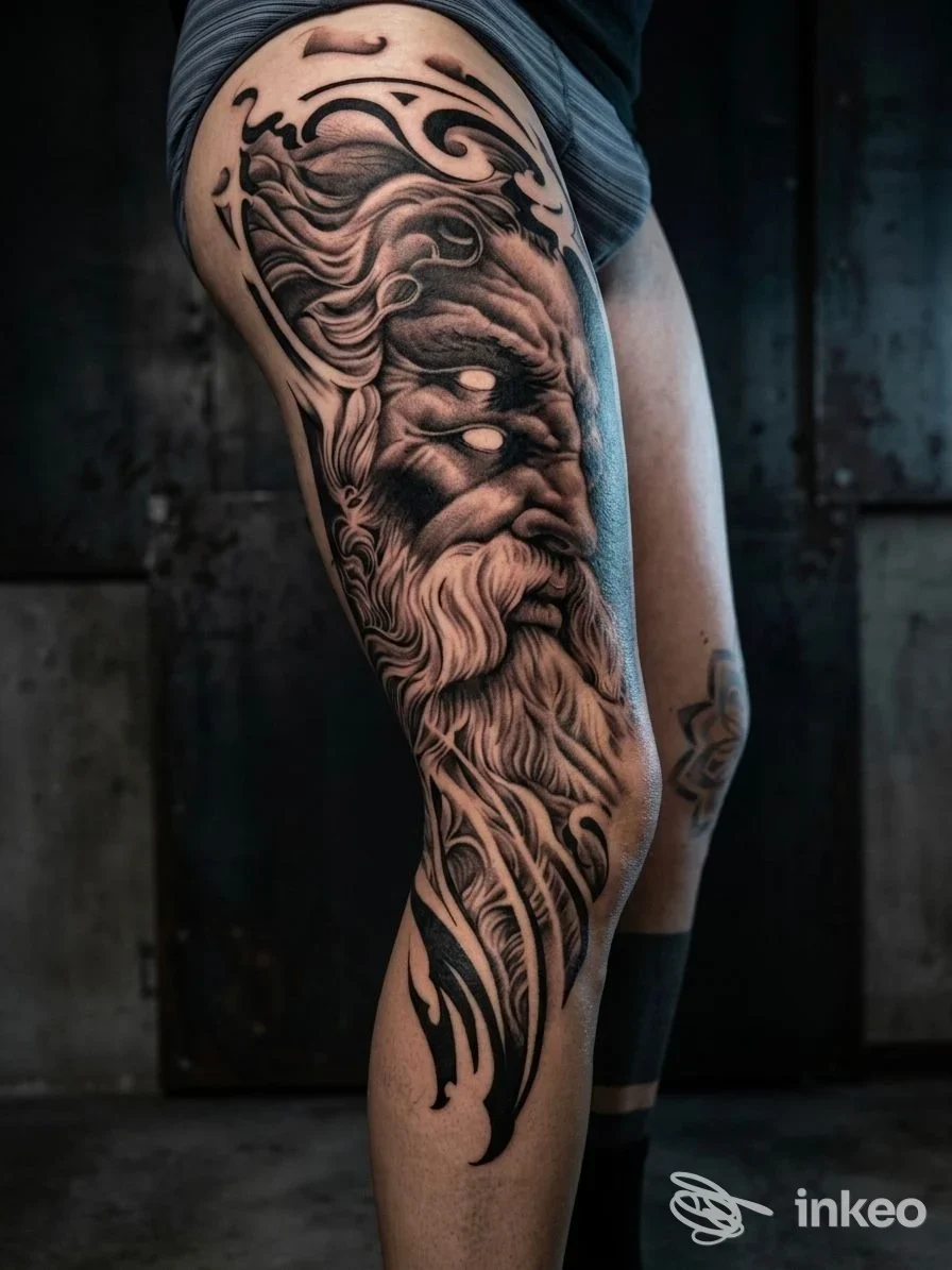 Grande tatuaggio in bianco e nero su coscia, ritratto barbuto stilizzato. Stoned Tattoo Space, Bologna.