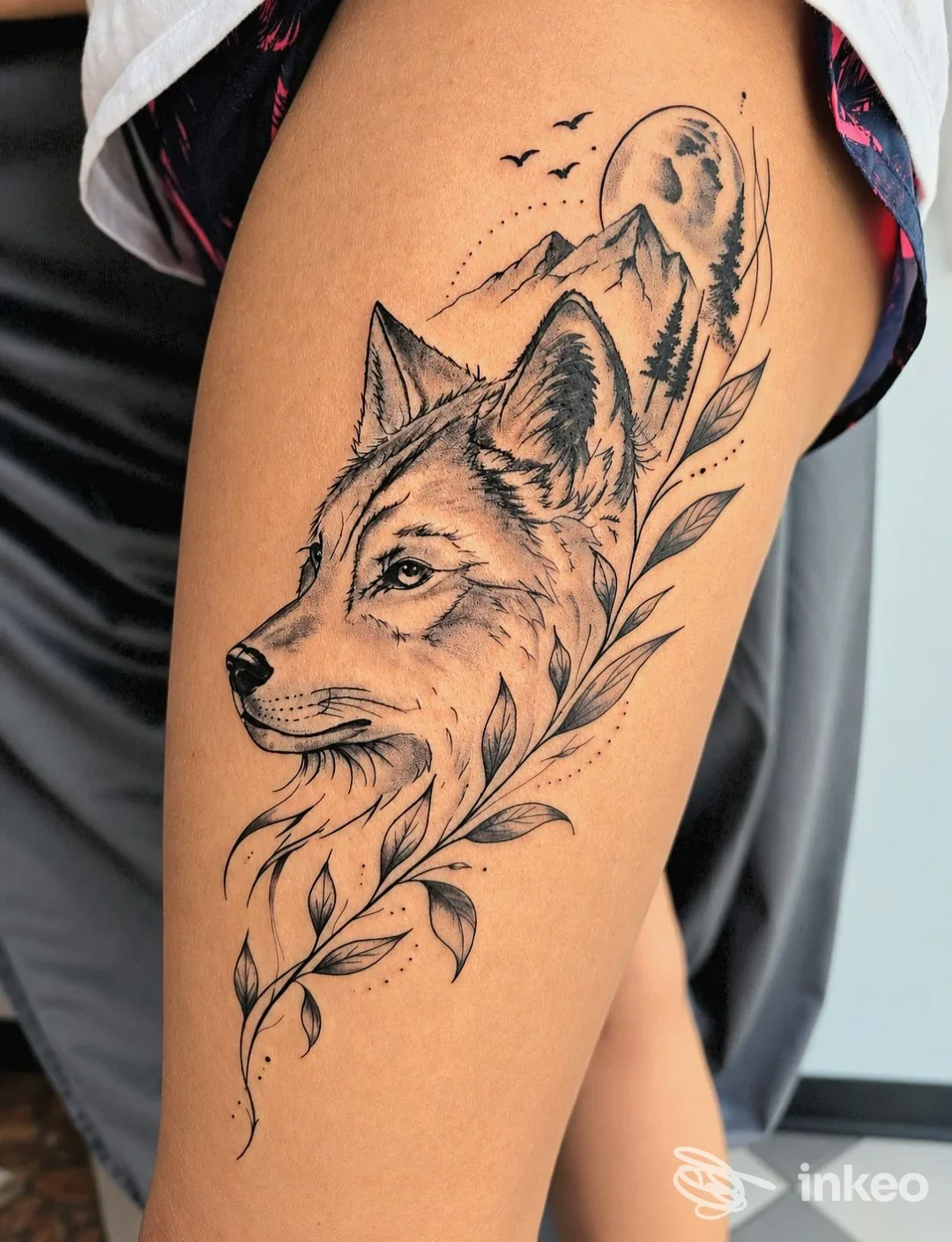 Tatuaggio blackwork su coscia con testa di lupo e paesaggio, foto per More Art Tattoo a Stroppiana.