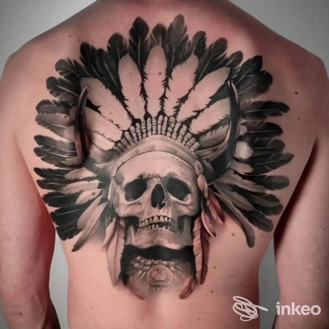 Grande tatuaggio realistico in bianco e nero di teschio con copricapo piumato sulla schiena, Giuda's Tattoo, Soliera.