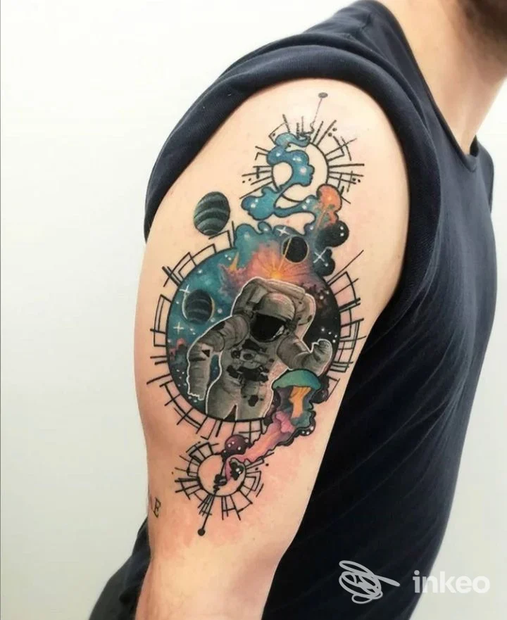 Tatuaggio colorato su braccio superiore con astronauta e pianeti, Giuda's Tattoo, Soliera.