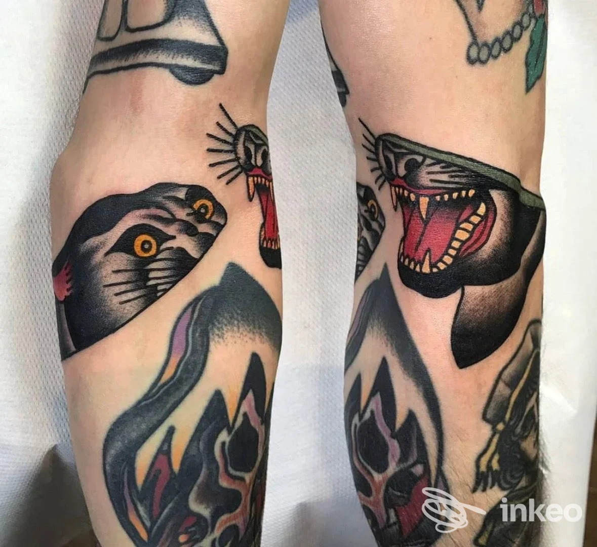 Dettaglio di due avambracci tatuati con soggetti tradizionali; foto inviata da Blue Bird Tattoo Studio, Firenze.
