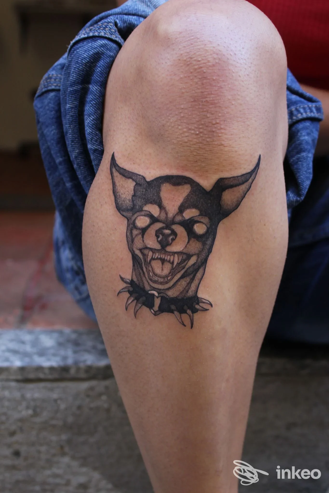 Tattoo su polpaccio raffigurante una creatura Demone-animale con linee scure, visibile chiaramente sulla pelle.