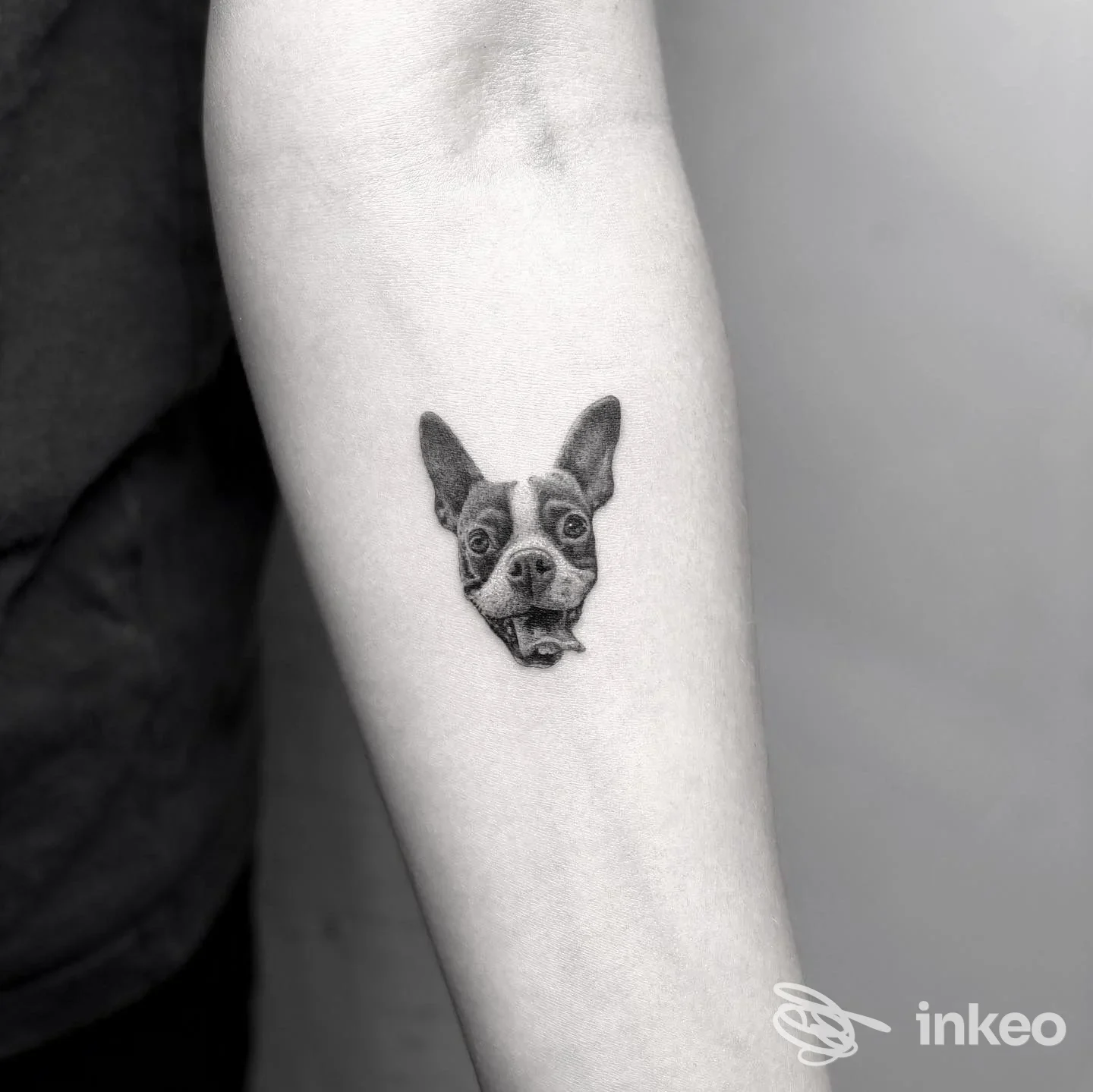 Piccolo tatuaggio in bianco e nero di testa di cane sull'avambraccio interno; foto scattata da vicino. Tigano Tattoo Clinic, Acate.
