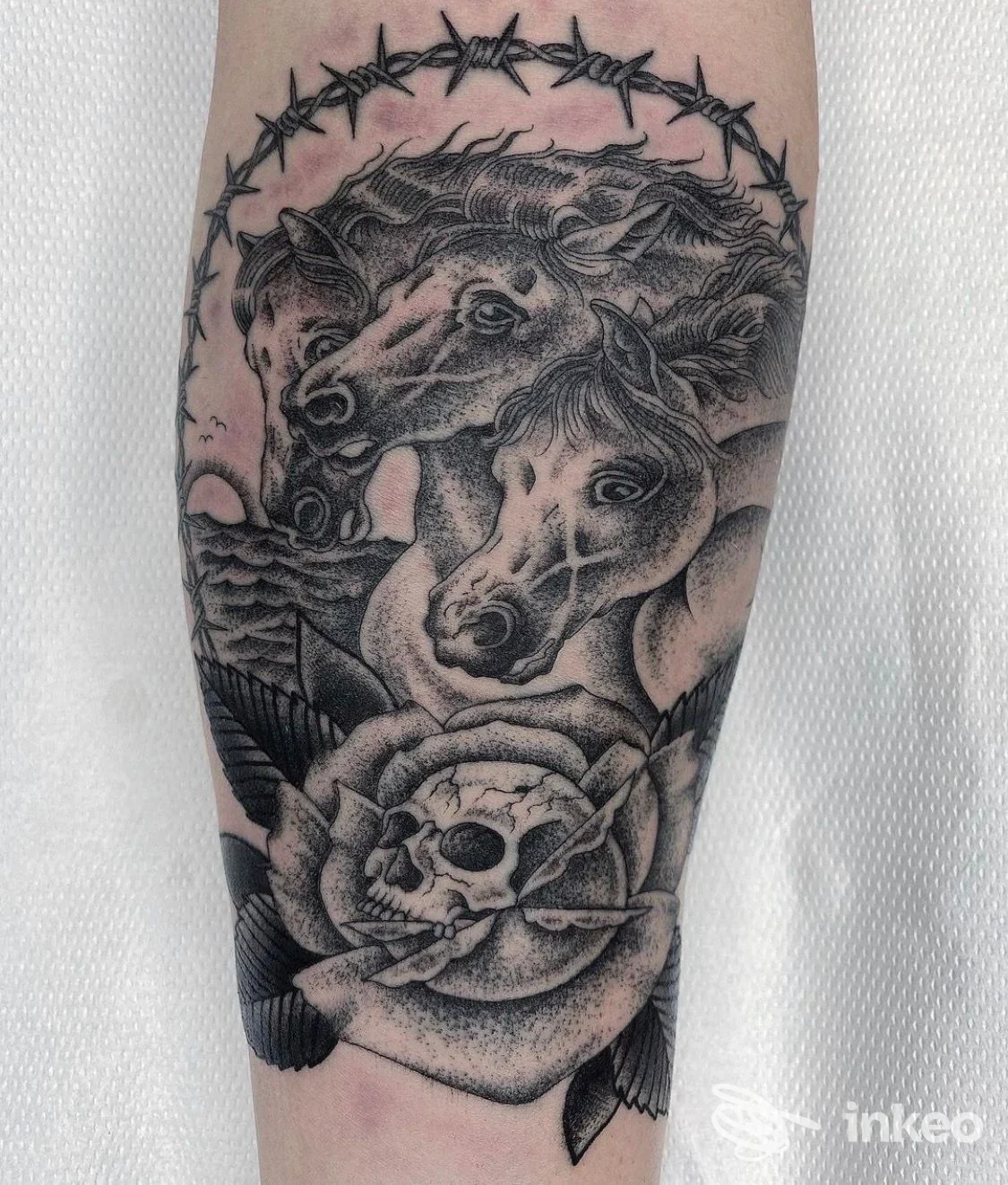 Tattoo su gamba raffigurante cavalli con corona di spine e rosa con teschio, stile nero/grigio.