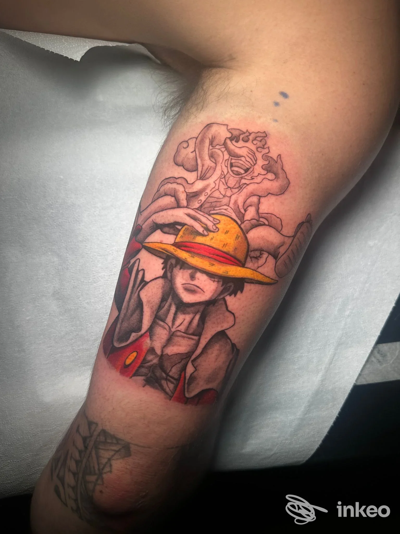 Tatuaggio colorato sull'avambraccio raffigurante un personaggio in stile manga con cappello giallo, realizzato da Silent Ink Tattoo Studio a Valenza.