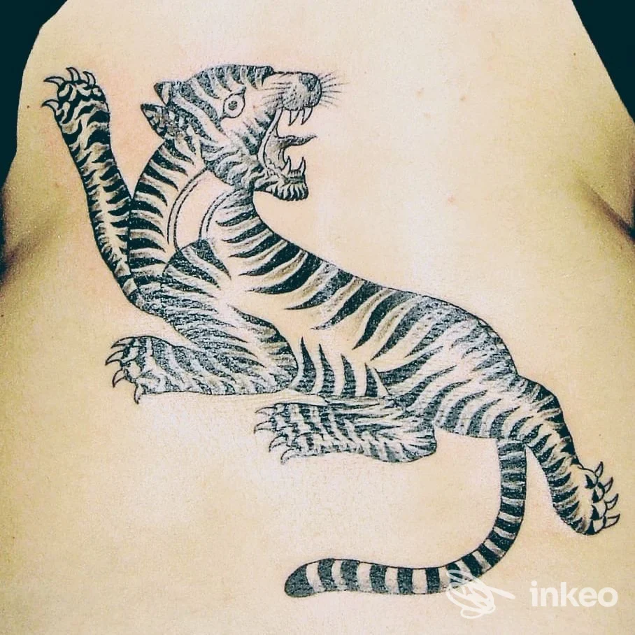 Tatuaggio di una tigre in nero su pelle al fianco, foto fornita da Mamma Perdonami tattoo studio, Casale Monferrato.