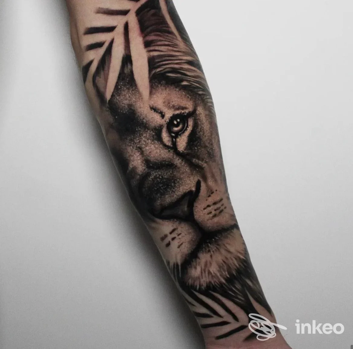 Tatuaggio realistico di un leone sull'avambraccio, fotografato per Lab Tattoo 17 by Stefano Petrosino a Bari.