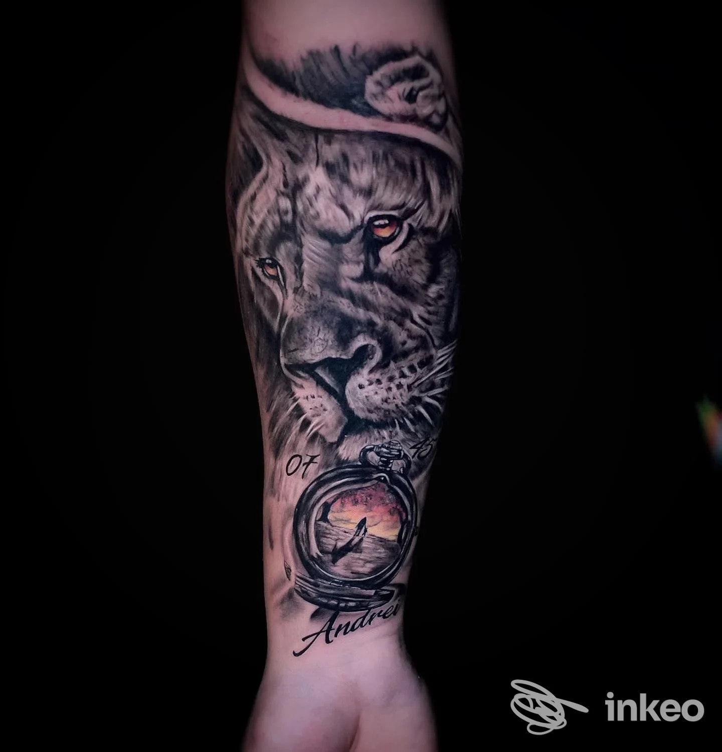 Tatuaggio realistico su avambraccio con volto di leone e orologio tascabile; immagine fornita dallo studio Mvm Tattoo Studio di Saluzzo.