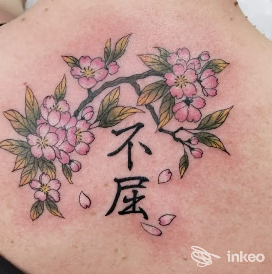 Tatuaggio floreale con rami e fiori rosa sulla parte superiore della schiena, foto fornita da Sakura Tattoo & Piercing Studio a Rovigo.