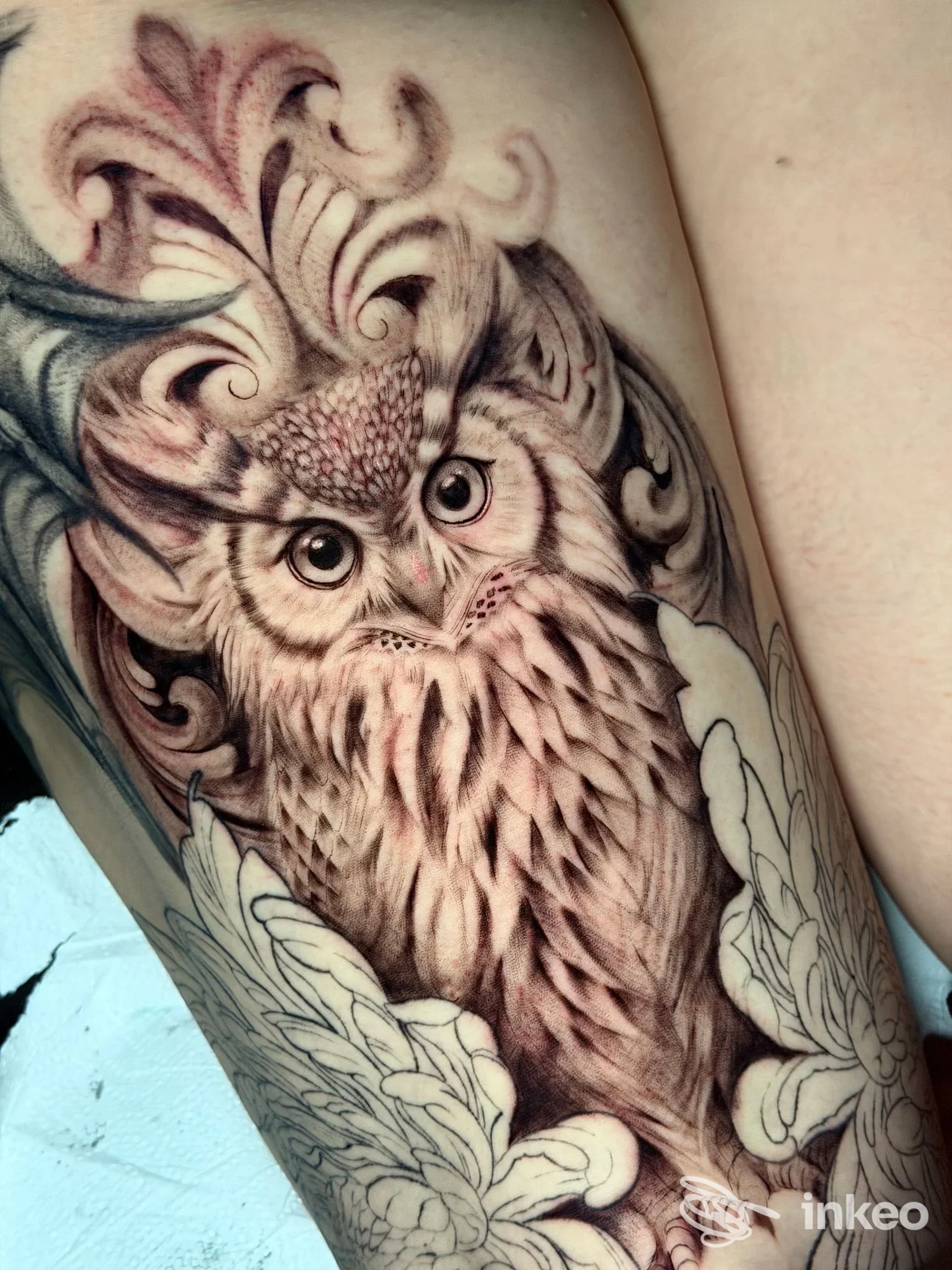 Tatuaggio di un gufo ornamentale su pelle, foto inviata da Ego Noir Tattoo Studio, Chioggia.