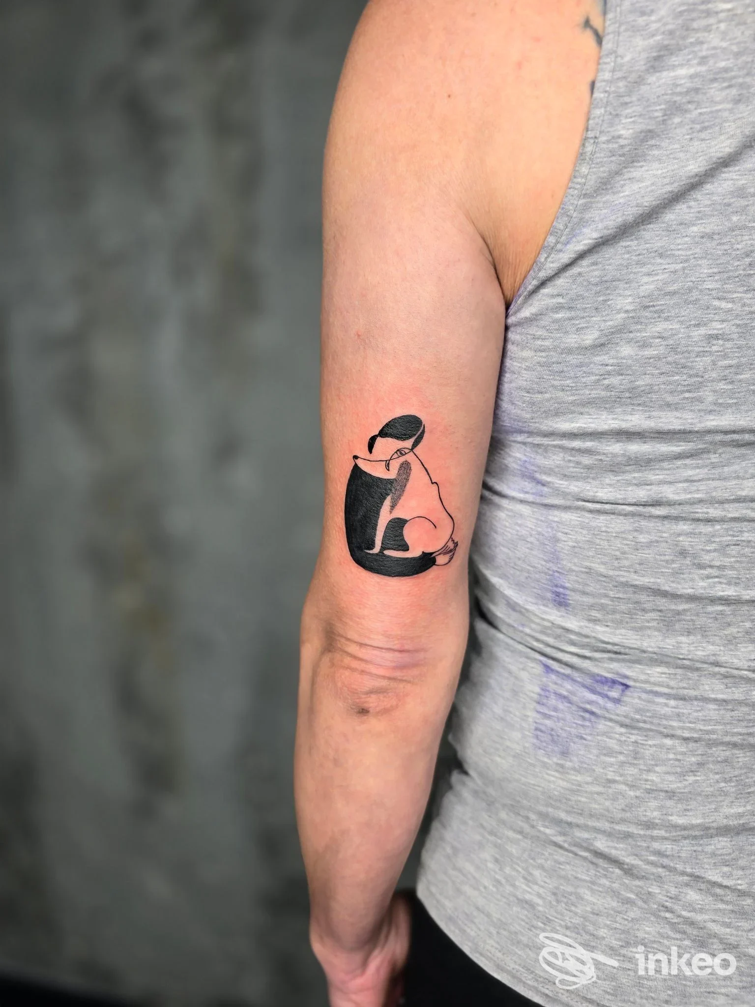 Tatuaggio nero stilizzato con due gatti sul tricipite, foto fornita da Red skin tattoostudio a Cavarzere.