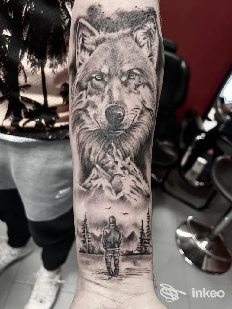 Tatuaggio realistico in bianco e nero su avambraccio con lupo e paesaggio, realizzato da Al Ink Tattoo a Domodossola.
