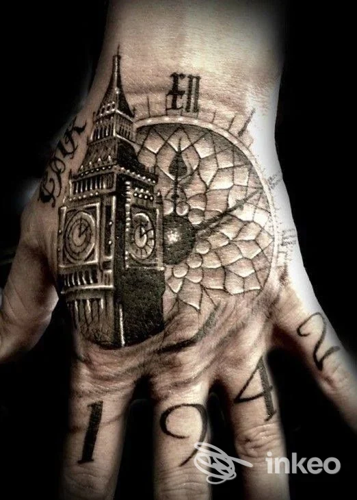 Tatuaggio realistico sul dorso della mano con Big Ben e motivo circolare, Boaz Tattoo Prato, Prato.
