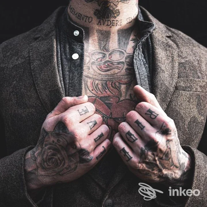 Dettaglio di tatuaggi sul torace e sulle mani, scatto dello studio Il Cobra e la Luna - Piercing & Tattoo, Ravenna.