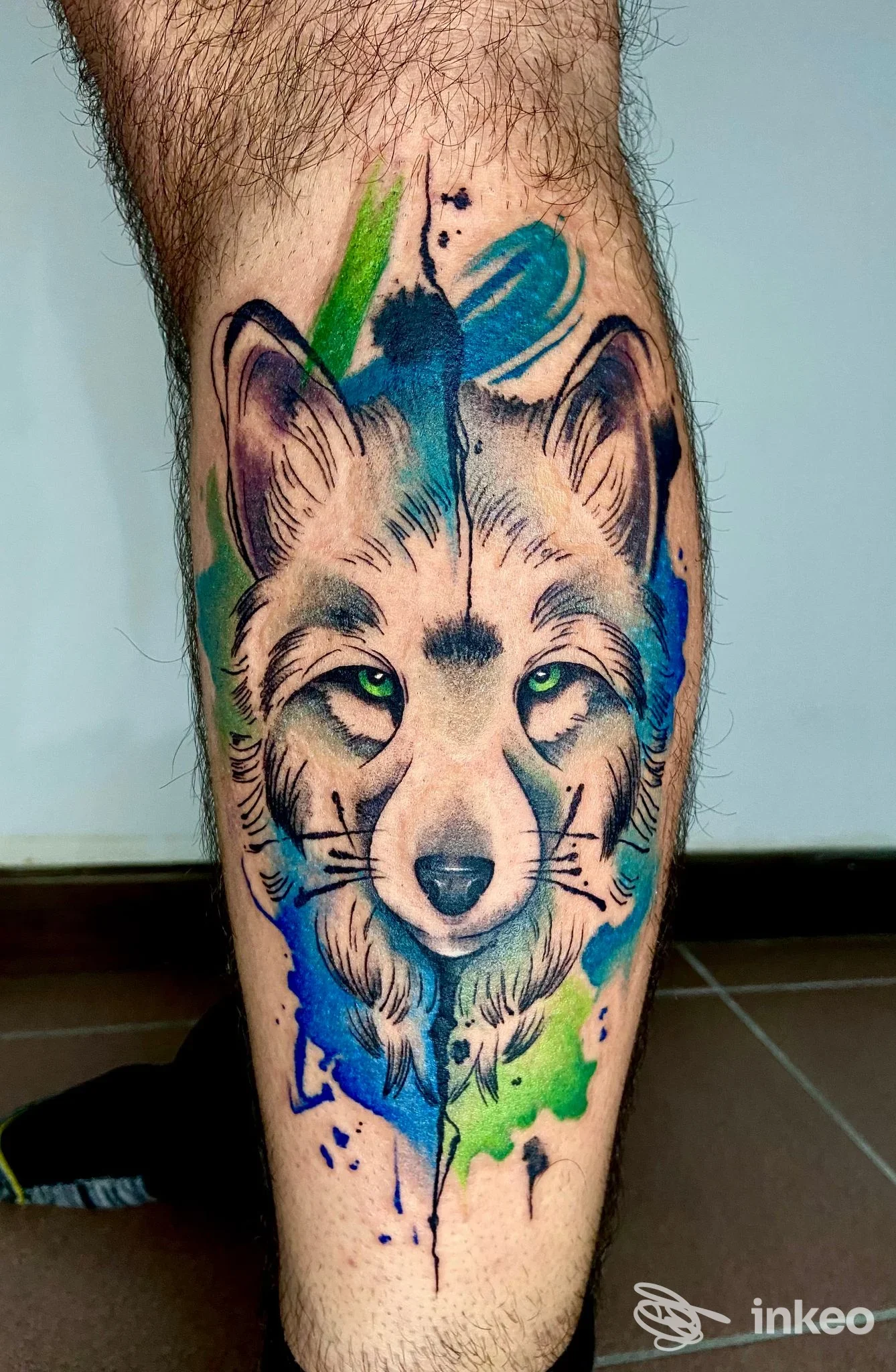 Tatuaggio a colori raffigurante la testa di un lupo sul polpaccio, con spruzzi blu e verdi e dettagli realistici, Morrygan Tattoo Studio, Ferrara.