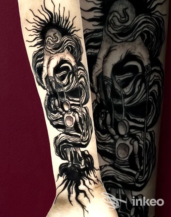 Tatuaggio nero stilizzato sull'avambraccio, foto inviata da GRANNY TATTOO STUDIO di Annarosa Damone a Bitetto.