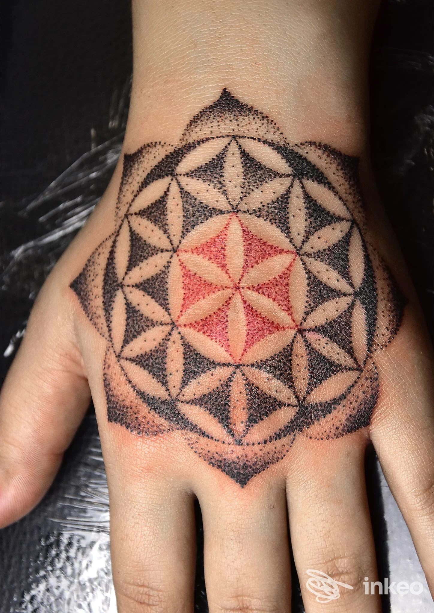 Tatuaggio geometrico a puntinatura sul dorso della mano, realizzato da The Black Raven Tattoo ad Altamura, dettaglio nitido e simmetrico.