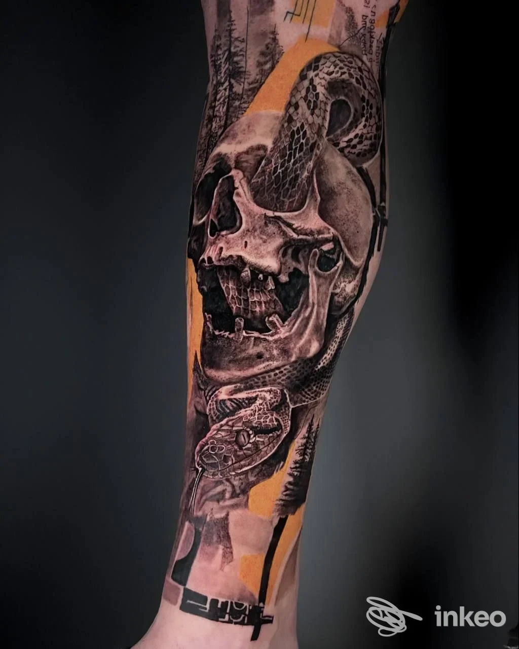 Avambraccio tatuato con teschio e serpente in stile realistico con inserti grafici gialli — foto per UNDERDOG TATTOO, Castel di Lama.