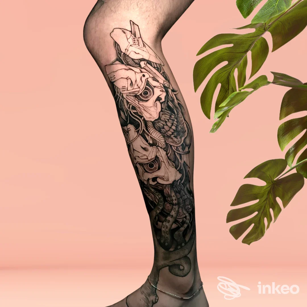 Tatuaggio a manica sul polpaccio fotografato in studio, Empyreum™ Tattoo, Ladispoli.
