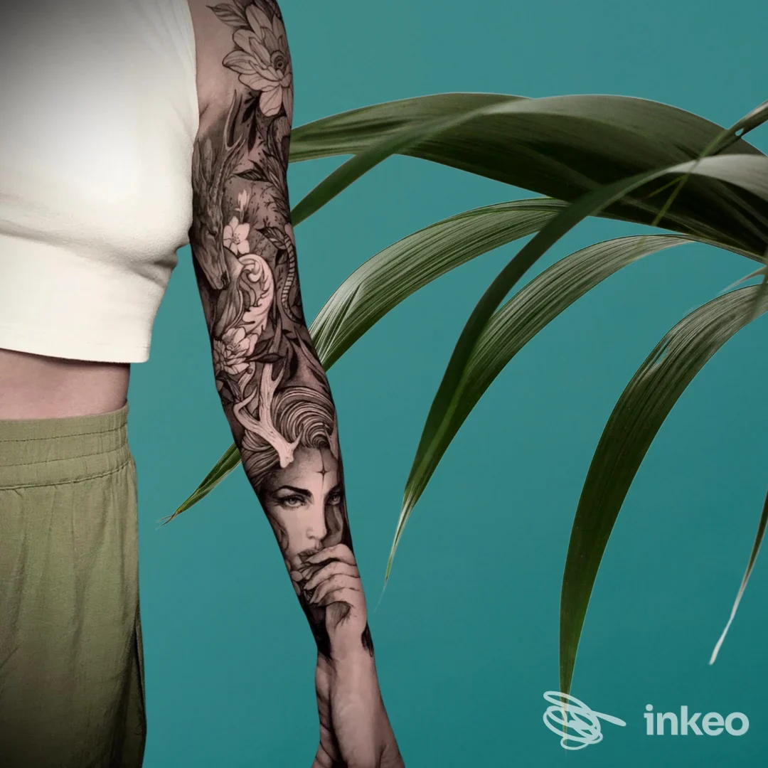 Manica tatuata in bianco e nero su braccio con volto e fiori, foto dello studio Empyreum™ Tattoo a Ladispoli.