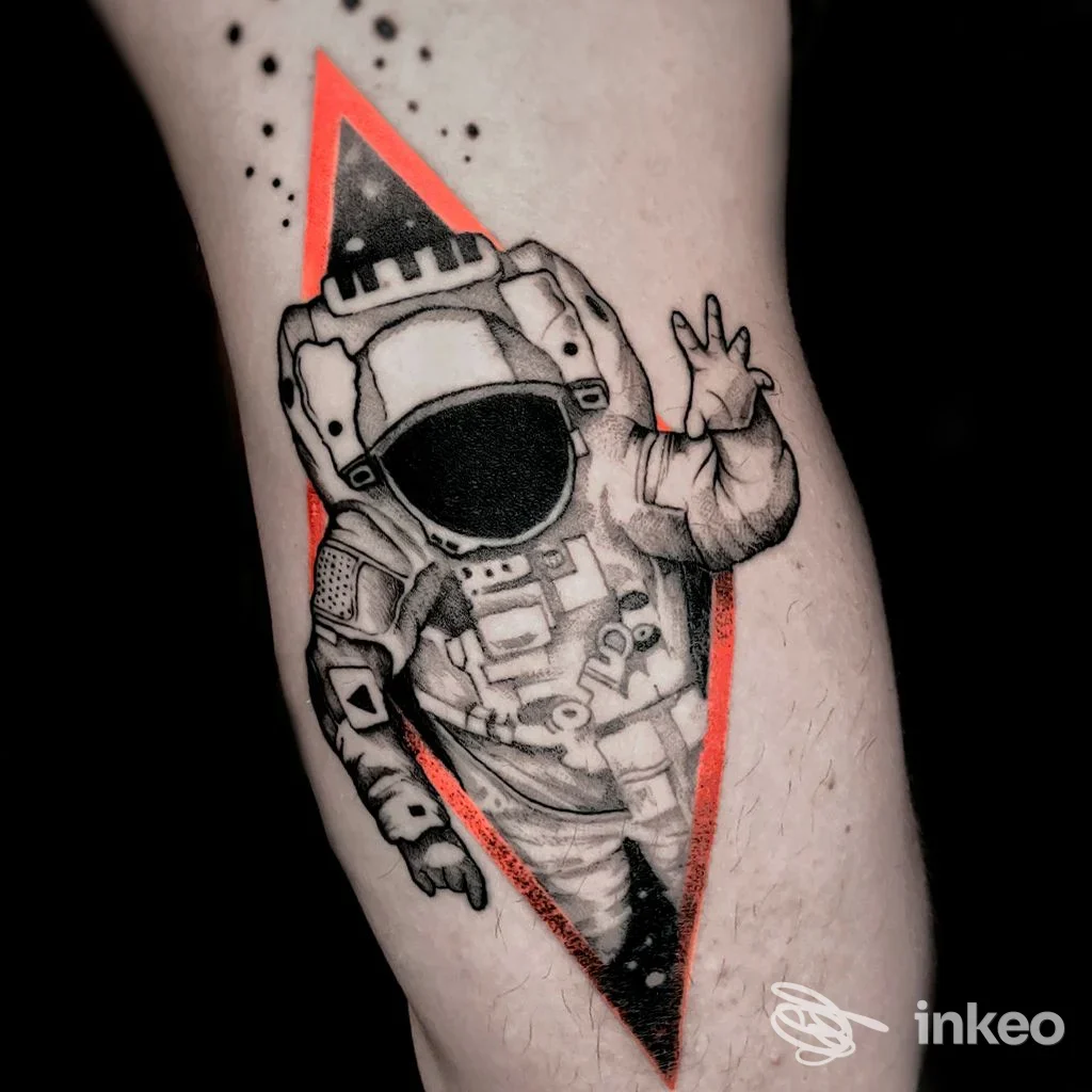 Tatuaggio su avambraccio raffigurante un astronauta nero con dettagli rossi. ZerØtto Tattoo, Carpi.