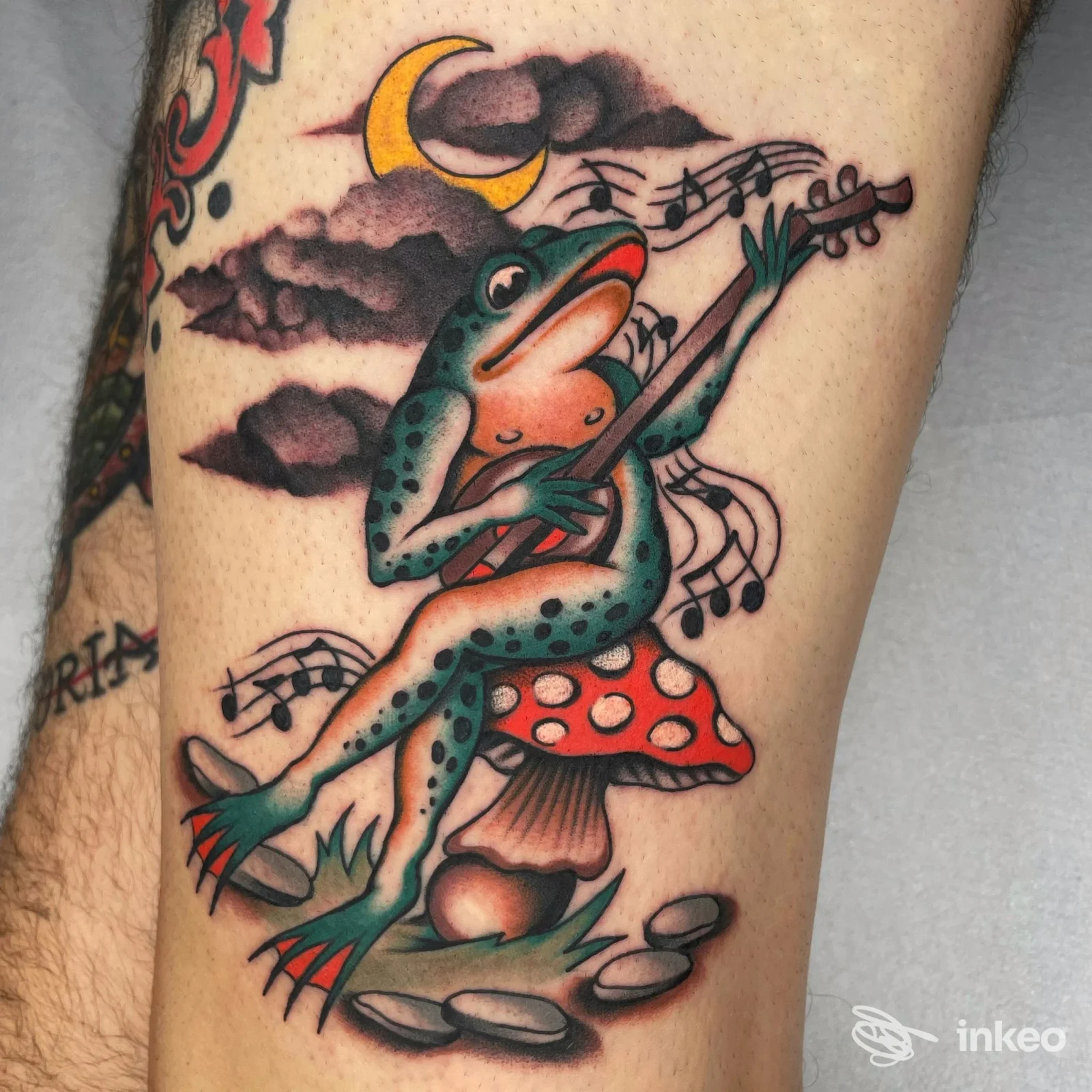 Tatuaggio colorato di rana che suona una chitarra su fungo, foto inviata dallo studio ELECTRIC TATTOO, Massafra.