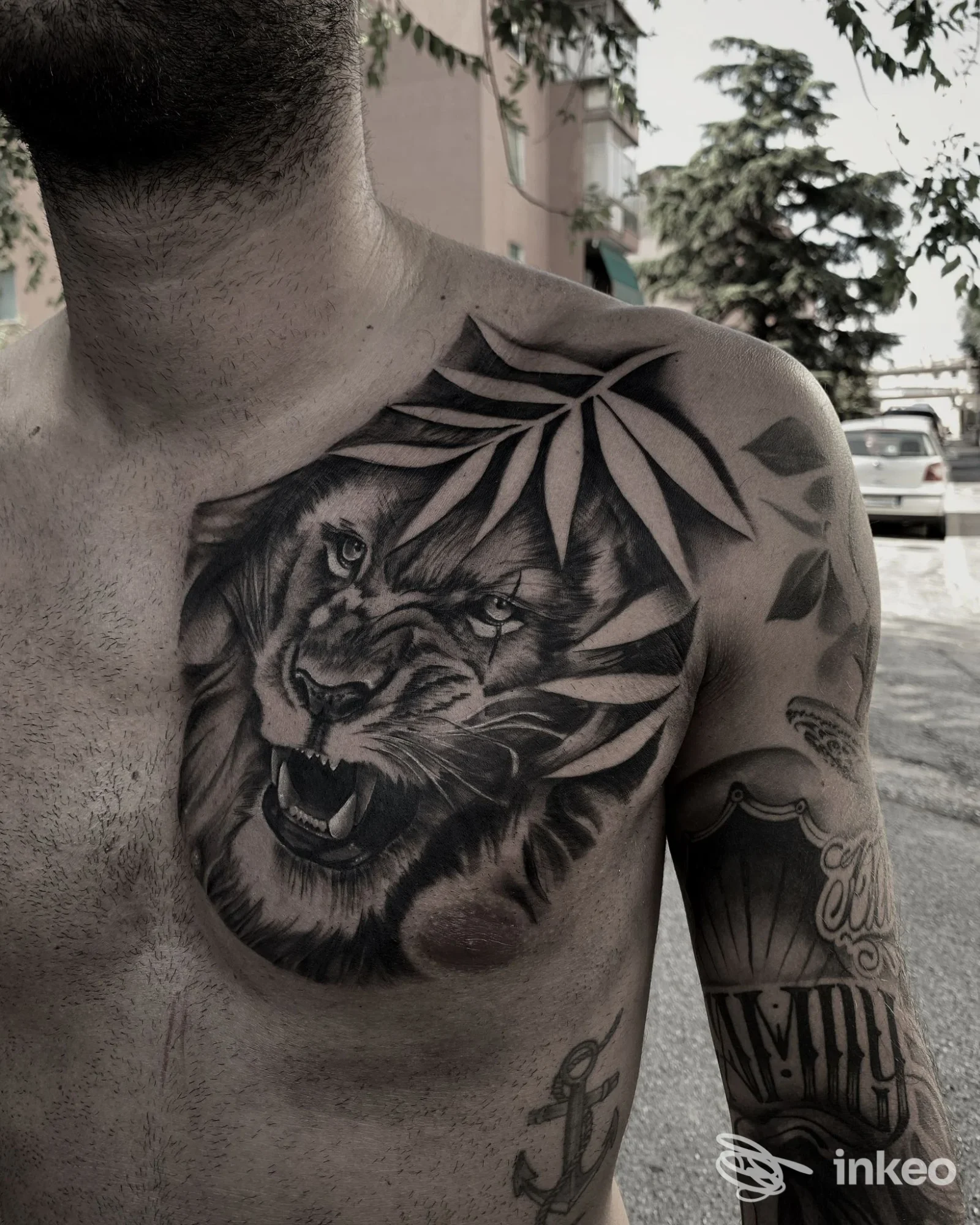 Tatuaggio realistico in bianco e nero di un leone sul petto e spalla di un cliente, foto fornita da CM INK Tattoo Studio, Verona.