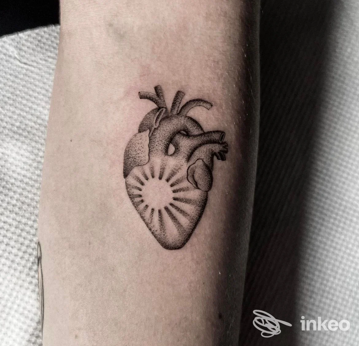 Tatuaggio a puntinato di un cuore anatomico sull'avambraccio — Vento Tattoo Studio, Bari.