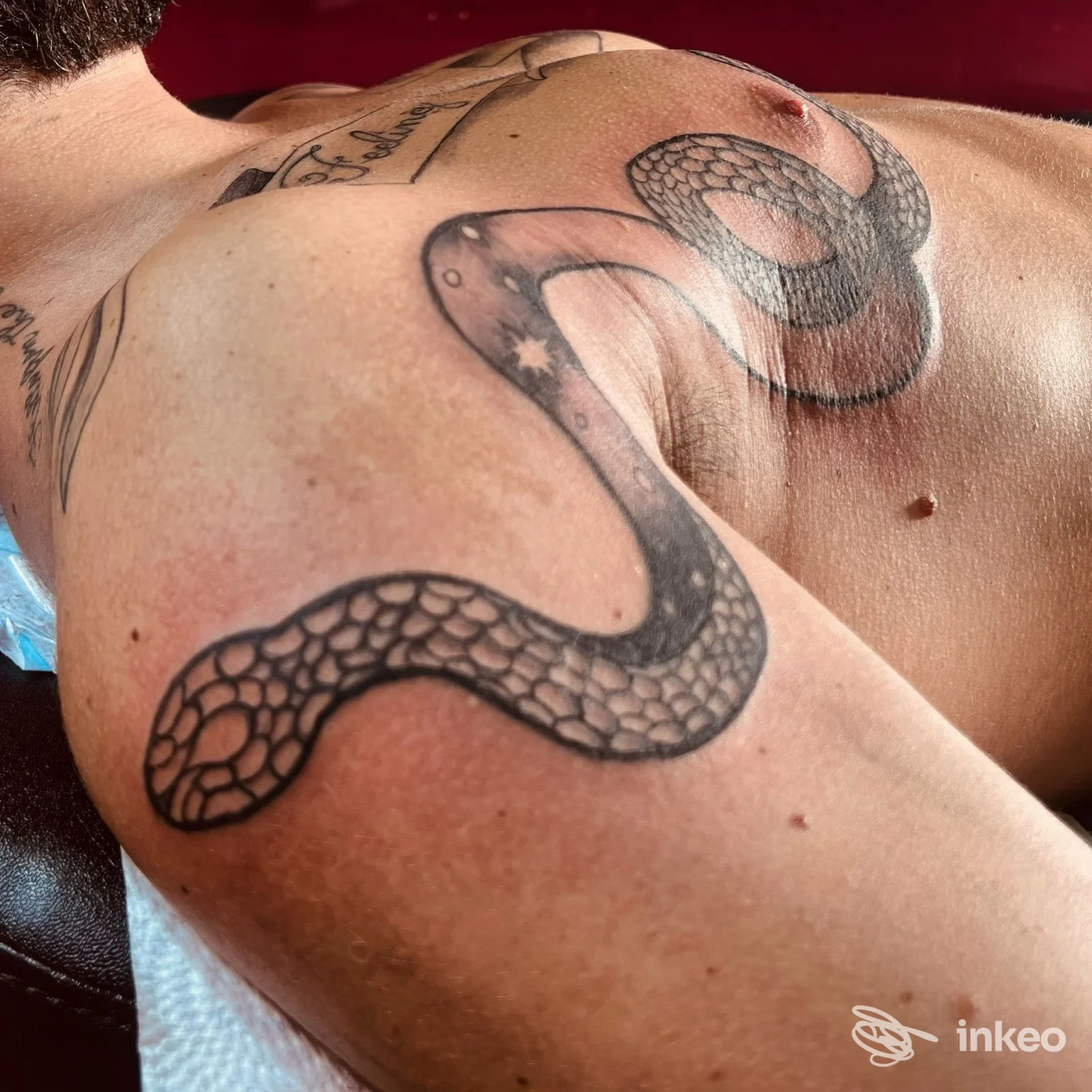 Dettaglio di un tatuaggio a serpente in nero e grigio su petto e spalla di un uomo, foto realizzata nello studio h2o tattoo & piercing, Verona.