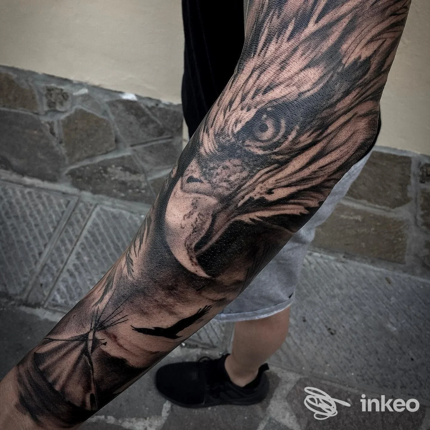 Tatuaggio a colori scuro raffigurante un'aquila sull'avambraccio, Art under skin Tattoo studio, Prato.